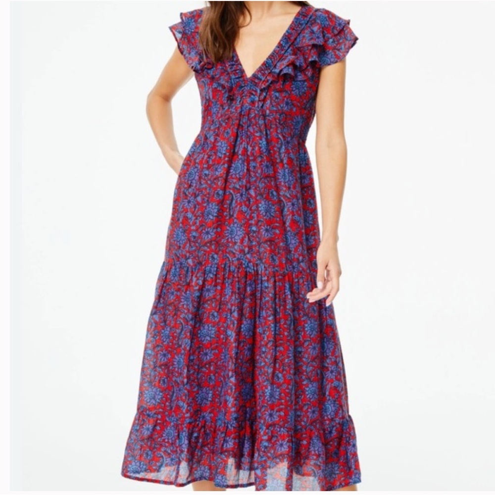 Roller Rabbit Lorien Ondine Red Blue Floral Ruffle Tiered Maxi Dress Boho M